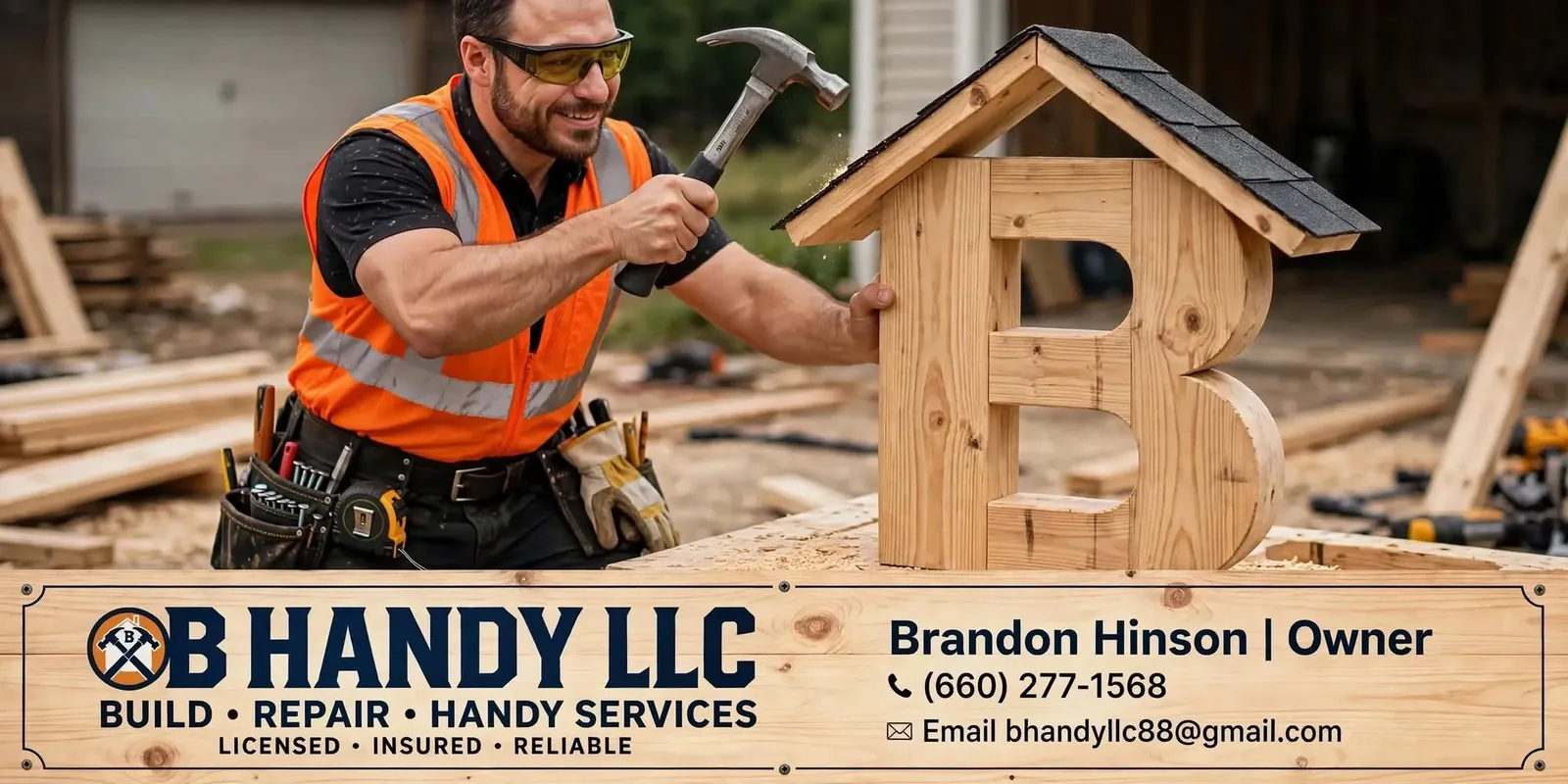 B Handy, LLC banner: Build, Repair, Handy Services. Licensed, insured, reliable. Brandon Hinson, Owner