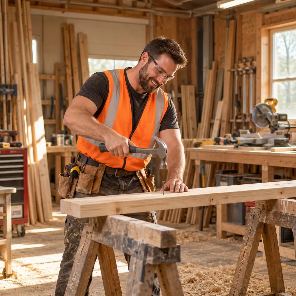 Brandon Hinson, owner of B Handy, LLC, driving a nail into a beam in his workshop.